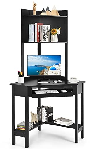 CASART Triangular Corner Desk, Study Writing Desk with Top Hutch, Open Shelf & Keyboard Tray, Compact Wooden PC Laptop Table Computer Workstation for Bedroom Study Office (Black)