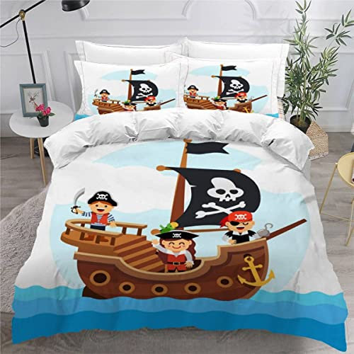 VASENA Bettwäsche Piratenschiff Bettwäsche 135x200 Kinder Meer Bettbezug Set Weich Microfaser Kinderbettwäsche 3 Teilig Mit ReißVerschluss Mit 2 Kissenbezug 80x80 cm