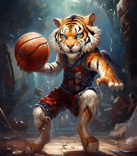 PIPISKY Malen Nach Zahlen Erwachsene,Tiger spielt Basketball,DIY Handgemalt Ölgemälde auf Leinwand Kit für Home Deko oder Geburtstag Weihnachten Geschenk,40X50cm