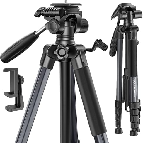 POLAM-FOTO Treppiede per fotocamera da 188 cm, treppiede Porfessional in alluminio resistente, treppiede compatto con borsa per il trasporto, con supporto per telefono grigio