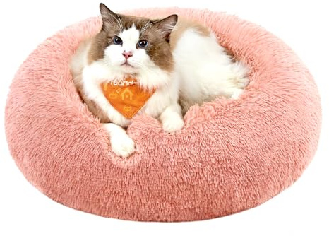 Feandrea Hundebett flauschig, Katzenbett, Donut Kissen, waschbar, Polsterung in der Mitte herausnehmbar, Langer Plüsch, 50 cm Durchmesser, rosa PGW037R01