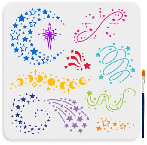 MAYJOYDIY Pochoir de Étoiles Magiques Pochoir de Peinture Phases de Lune 30×30cm Réutilisables Modèles de dessin Thème Magique avec Pinceau pour L'Artisanat Sur Fenêtre Mur en Bois Décoration