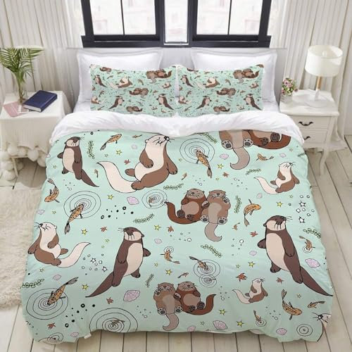 Pechiwuo Bettwäsche 135x200 cm Interessant Bettwäsche-Set Winter Bettbezug Weiche Mikrofaser Bettzeug Set 3D Otter Kinderbettbezug 135x200 cm + 2 Kissenbezug 80x80 cm J722