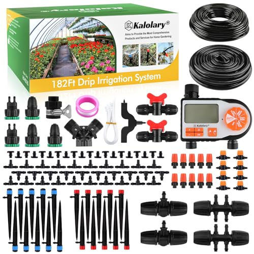 Kalolary Set di irrigazione a goccia da giardino da 182 piedi, sistema di irrigazione a goccia automatico con timer, tubo da 1/2 pollici, sistema di irrigazione, tubo antigoccia, kit per prato,