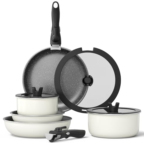 Motase Bratpfannenset mit Abnehmbarem Griff 12-Teilig, Pfanne 20/26cm, Tiefe Pfanne 26 cm, Topf 16/20cm mit Deckel, Induktion Töpfe Pfannen Set, Antihaftbeschichtet, stapelbar, backofenfest