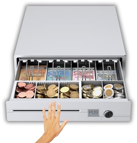 POS VALLEY Kassenschublade Push - Druckknopf Öffnung, mit 5 Münzfach und 4 Scheinfächer (euro), Abschließbar - Kassenlade, Geldschublade, Kassen Schublade - 33x37x9 cm (Weiß)