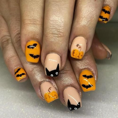24pcs Halloween Press on Nails - Short Orange Pumpkin Black Bat Design, Removable Glue-on Fake Acrylic Nails, Nail Art Accessories Gifts for Women
