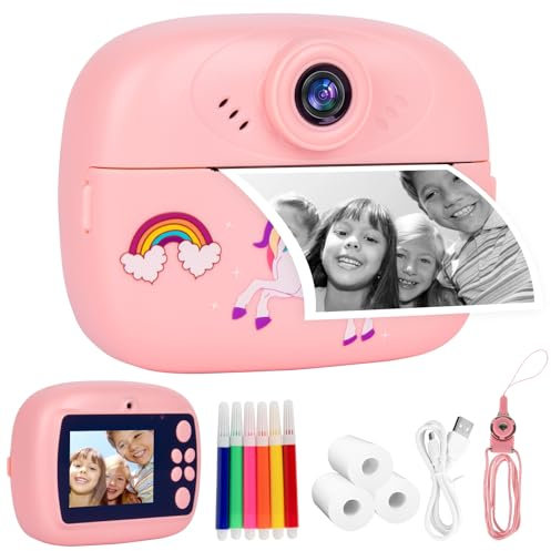 Kids Camera for Girls Boys - Kids Instant Print Camera Toy for 3-14 Year Old, 1080P HD Kids Digital Camera with Photo Paper Birthday Gifts for 3 4 5 6 7 8 9+ Year Old Girl 6 Colour Pens (Pink)