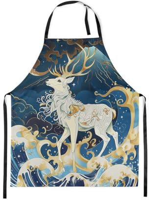 Homewish Hirsch Schürze, Blaue Wellen Wolken Kochschürze, Goldene Geweih Mond Küchenschürze, Moderne Luxus-Art Weihnachten Tiere Legende Kochschürze Für Jungen Mädchen Teens