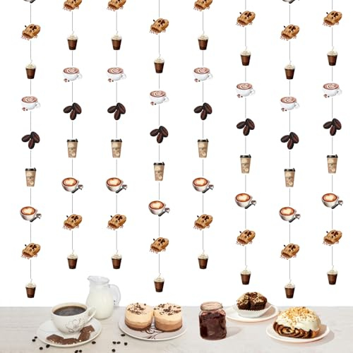Fangleland 8Pcs Coffee Theme Streamers, Coffee Bean Cup Paper Garland for Birthday Baby Bridal Shower Bachelorette Latte Party, Cafe Shop Bar Hanging Decorations Supplies