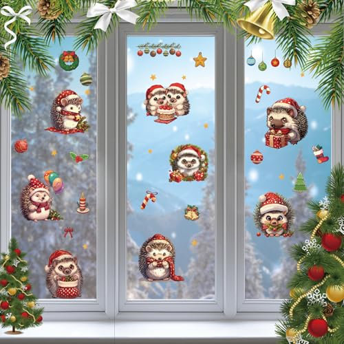 craspire 8 Stil Weihnachts Igel Fensteraufkleber Weihnachtsbaum Ballon Stern Geschenke Rohr Dekorative Kugeln PVC Selbstklebend Fensteraufkleber Glasaufkleber Für Schlafzimmer Zuhause Schaufenster