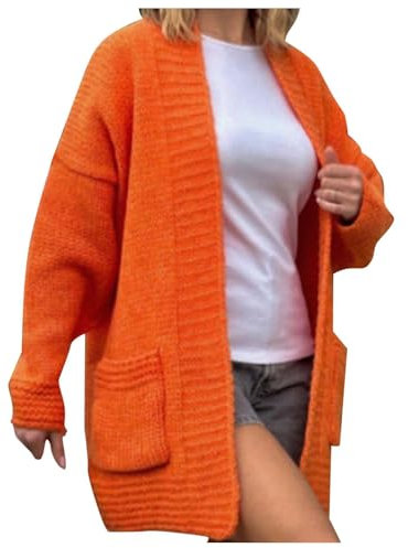 Women's Long Cardigans Chunky Knit Boyfriend Jumpers Cardigan with Pockets Ladies Loose Long Sleeve Knitwear Oversized Sweater Cardigan for Autumn Winter Spring Orange