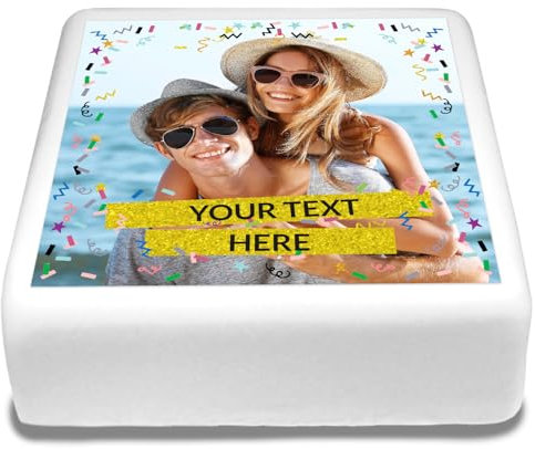 Cakeshop Quadratischer Essbarer Kuchenaufleger Mit Konfetti-Rand & Goldenen Textbannern | Bild & Text Anpassen | Für Geburtstage | Verschiedene Größen | Zuckerguss & Oblatenpapier