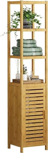 Oceano Armadietto da Bagno a Colonna Autoportante Mobile ad Angolo da Terra in Bambù a Livelli Salvaspazio con Ripiani Aperti e Anta Legno Naturale Bagno Cucina Soggiorno (Colonna)