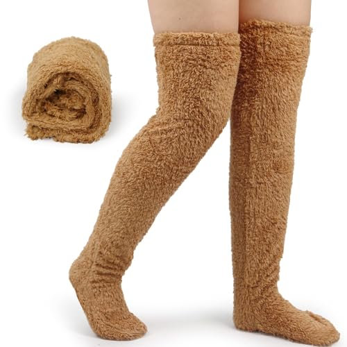Long Fluffy Socks Over Knee High Socks, Fuzzy Leg Warmers Thigh High Socks Women Thermal Sleeping Socks Cozy Leg Cover Socking Winter Slipper Socks Slipper Gifts for Boots Girls Ladies Christmas Home
