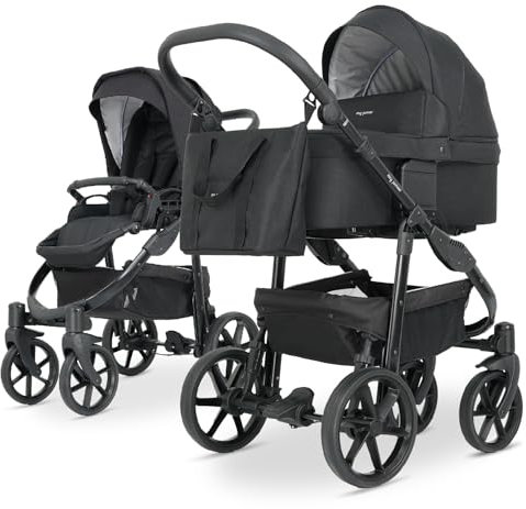 my junior® MIYO² 2in1-Kinderwagen | verstellbare Allrad-Federung | Integrierte Reflektoren | 360° unplattbare Luftkammerreifen | Babywanne klappbar, ventiliert, Wippfunktion - All Black