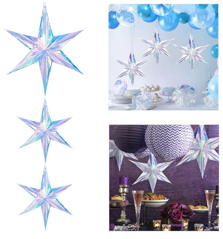 ZYOOO 3 Stück Irisierend Stern Hängend Deko,Große Bunte Folie Holografische Glitzer 3D-Hexagramm-Sterne für Geburtstag,Hochzeit,Frozen,Silvester,Weihnachtdeko(30cm,40cm)