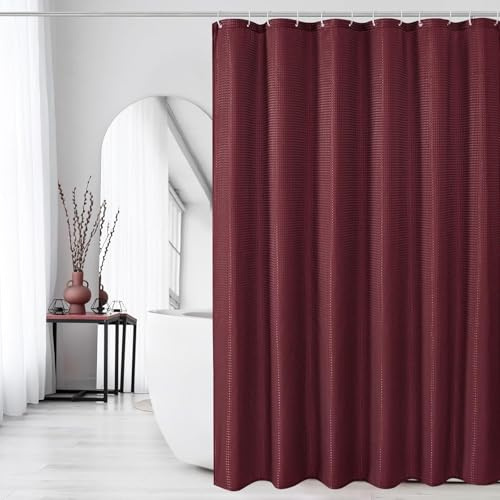 Bingobang Shower Curtains Set for Bathroom with 12 Hooks, Mould Mildew Proof Resistant, Waffle Fabric Bath Bathtub Curtain Washable for Wet Room (Burgundy, 71 x 71 Inch)