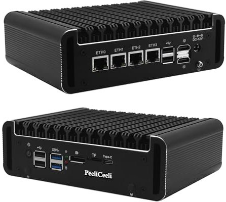 PeeliCeeli N150 Barebone Mini PC Lüfterlos, 4X i226-V 2.5GbE LAN Firewall Hardware OPNsense, DDR5 Router PC Dual M.2 NVMe, HD, Type-C, TF Slot für Zuhause & Büro (Ohne RAM/SSD/OS)