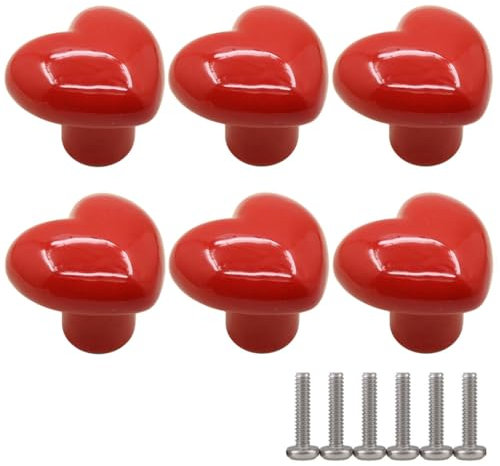 ZESLIV 6 Stk Möbelknöpfe Möbelgriffe aus Keramik, Herzform Schubladenknopf Schranktürknöpfe Möbelknopf Kinderzimmer Möbelknauf, Rot