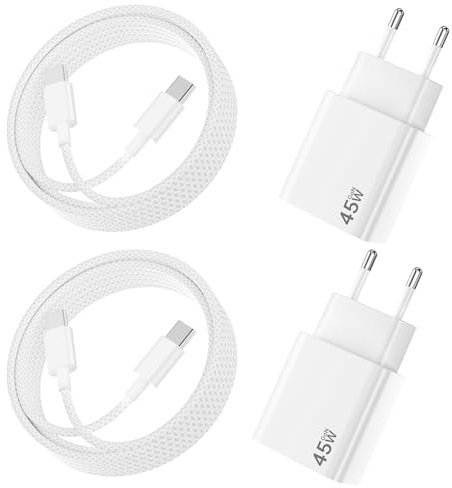 2Pack Chargeur USB C 45W Chargeur pour Samsung Charge Rapide avec 2Pack 100W Câble USB C 2m, 45W Chargeur Rapide pour Samsung Galaxy S25/S24/S23/S22/S21/S20/Note 20, pour iPhone 16/15 - Blanc