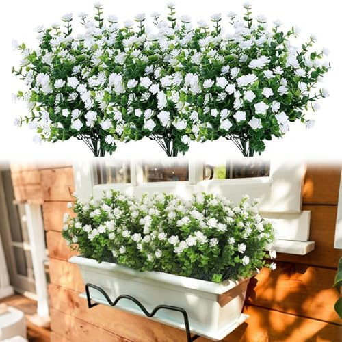 Norhogo 6 Bündel Kunstblumen für Außen, Plastik Blumenstrauß, Weiß, 35cm | Kunstblumen für Außen wetterfest UV-Kunstpflanzen Eukalyptus Deko, kunstblumen outdoor wetterfestkünstliche pflanzen garten