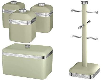 Swan Retro Green Bread Bin, Tea, Coffee, Sugar Canisters and Mug Tree. Matching Retro Design Kitchen Storage Set of 5 in Green
