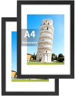Henrycares 2er Set Bilderrahmen A4, Schwarz Rahmen DIN A4 für 21x29,7 cm, Picture Frame Fotorahmen für Fotos, Bilder, Poster