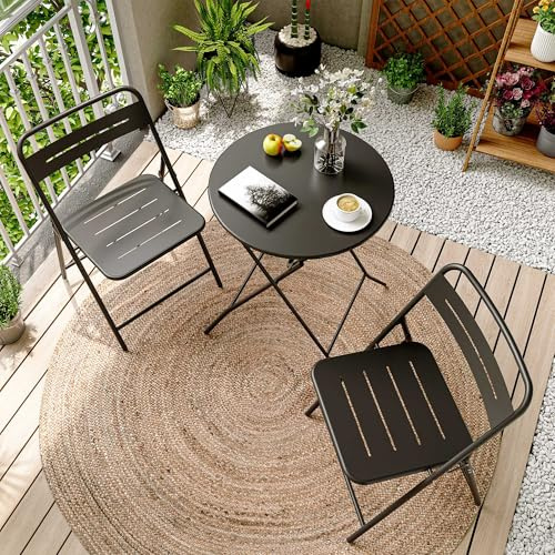 KamerOut 3-teiliger klappbarer Bistro-Gartenset, wetterbeständiger Outdoor-Tisch mit 2 Stühlen für Terrasse, Garten, Hof, Rasen, Metall, Schwarz