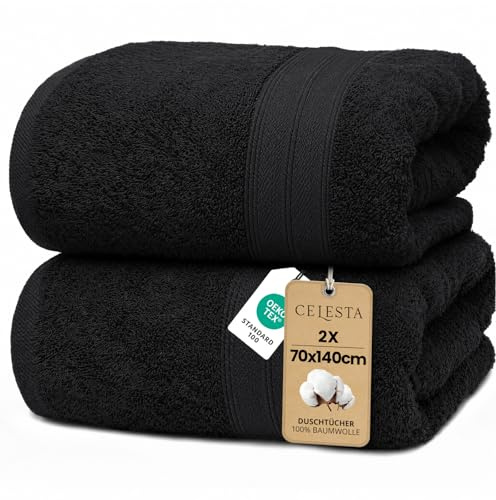 CELESTA Badetücher 70x140 cm, 2er-Set 100% Baumwolle Frottee, Dunkelgrau | OEKO‑TEX zertifiziert, Baumwolle Frottee Handtücher, weich & saugstark, mit Aufhänger, ideal für Badezimmer, Spa, Gym, Sport
