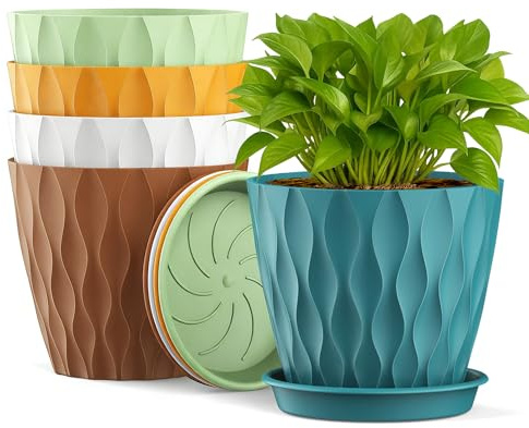 JMGRTYT Plant Pots, 5 Pack Plastic Flower Pots with Drainage Holes and Saucers, Indoor Outdoor Planters for Succulent Herbs Succulents All House