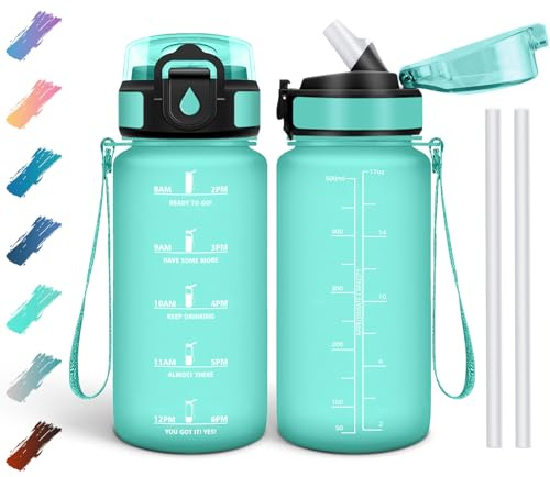 Motswedi Botella Agua 500 ml, Botella Agua Gimnasio sin BPA con Marcador de Tiempo, Plastico Botella de Agua Deportiva Motivacional, con Pajita Turquesa