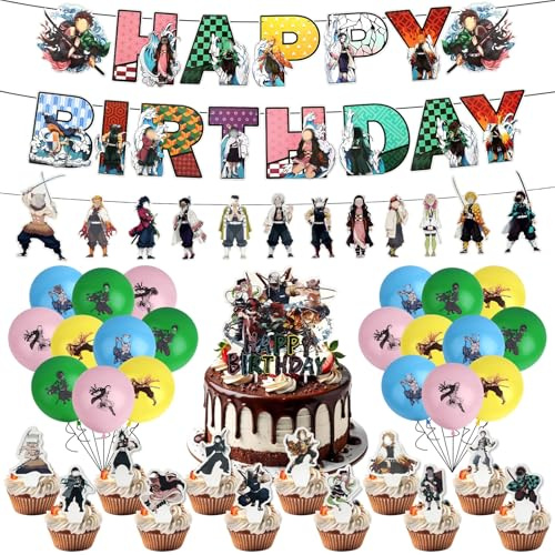 35 Stück Geburtstag Deko Kinder, Anime-Style Party Geburtstagsdeko Set Enthält Geburtstagsbanner, Kuchentopper, Latexballons ect, Geburtstagsdekoration für Junge Mädchen und Fans Geeignet