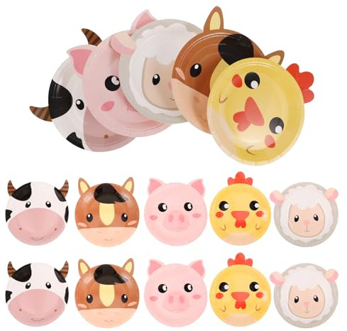 GAROZATION Assiettes à Dessert Animaux Ferme 50 Pièces 18 CM en Carton pour Réceptions et Mariages Motifs Cochon, Poussin, Veau et Agneau