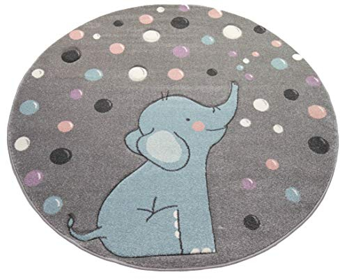 Teppich-Traum Kinderteppich Elefant Kinderzimmerteppich mit Punkten in grau blau Größe 120 cm Rund