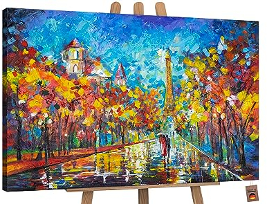YS-Art Abstrakt Acryl Gemälde auf Leinwand Nachts in Paris handgemalt Wandbilder Wohnzimmer modern Wohndekor Bilder Büro romantische Allee echte Kunst 140x100 cm