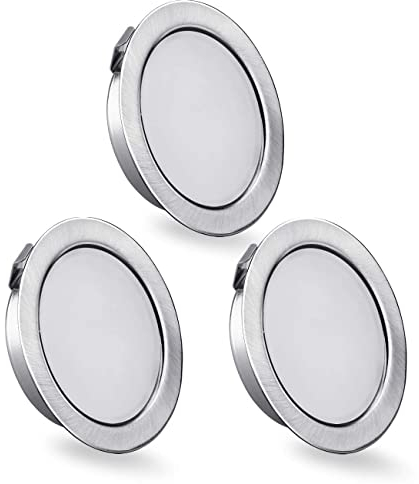 KYOTECH 3er Set LED Möbelleuchte 230V,3.5W LED IP44 G4 15mm Flache Möbel Einbaustrahler in Edelstahl gebürstet Optik,3000K Warmweiß,Küchenhaube Leuchte,Badleuchte Einbauspot