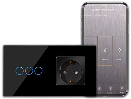 CNBINGO Interruttore touch intelligente con presa Schuko da incasso con cornice in vetro, interruttore della luce WLAN da lavoro con Alexa, interruttore a parete triplo in nero