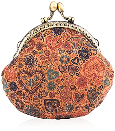 Oyachic Porte-Monnaie Femme Cuir Floral Coin Purses Portefeuille Vintage Sac à Main avec Fermoir clic-clac Retro Porte-Cartes Wood Grain Wallet (Coeur)
