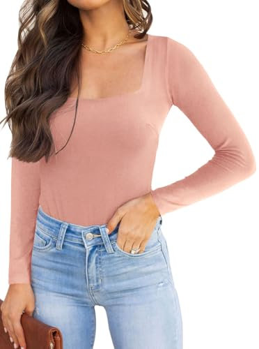 REORIA Body a maniche lunghe da donna Salopette doppia foderata sexy con collo quadrato Rosa XL
