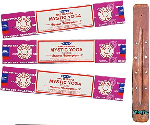 Booghe Nag Champa Räucherstäbchen, 3 Stück, mit Booghe Räucherstäbchenhalter (Mystic Yoga)