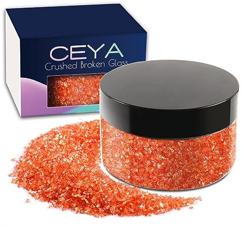 Ceya 5.3oz/ 150g Crushed Irregular Glass Pumpkin Orange Metallic Crystal Chip Broken Glass Chips Glitter 2-4mm Craft Chunky Glitter for Nails Art Epoxy Resin Mold Coasters Ornament Painting Geode