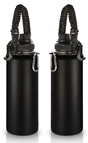Volhoply 1200ml Isolato Borraccia Termica 2 Confezioni,Bottiglia in Acciaio Inox con Cinturino in Paracord, Bottle a Doppia Parete,Bottiglie Sportive per Bambini,Scuola,Lavoro(Nero,2 set)