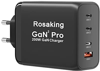 Rosaking Chargeur USB C 200W, Chargeur Rapide GaN III Tech, Chargeur Rapide USB C 4 Ports pour MacBook Air, Chargeur Compatible avec Samsung Galaxy Book
