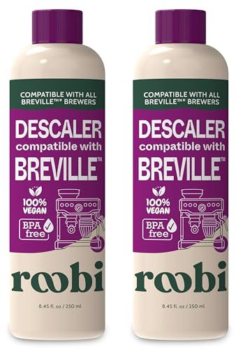 Solución descalcificadora compatible Breville. Especialmente formulada para limpiar y descalcificar tu máquina de café espresso Breville. 2 usos por botella, paquete de 2. Kit de descalcificador