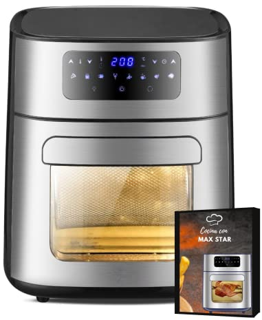 Max Star Freidora sin Aceite de 10L Aire Caliente 360º Digital 1700W Tactil Dietetica 8 Funciones Acero Inoxidable