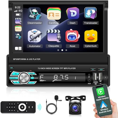 Autoradio 1 din con Schermo, Wireless Apple Carplay e Android Auto - Radio a ribalta da 7 pollici 1Din Bluetooth Mirror Link USB Tipo C + telecamera di parcheggio AHD e telecomando