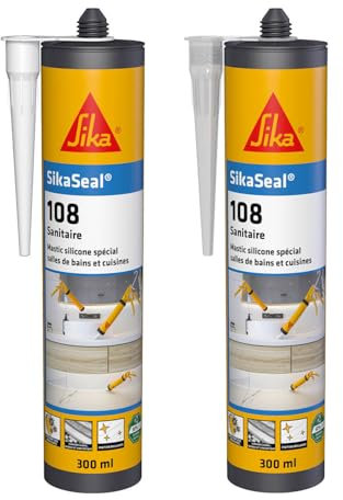 SikaSeal 108 Sanitaire Blanc, Mastic Cuisine & Salle de Bain Anti-Moisissures, 300ml & 108 Sanitaire Transparent, Mastic Cuisine & Salle de Bain Anti-Moisissures, 300ml