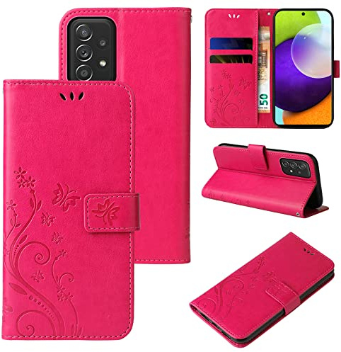 LBH Handy Hülle für Samsung Galaxy A52 / A52 5G / A52s 5G Case Handytasche Schmetterling Blumen Flower Standfunktion Schutzhülle Magnet Rundum Schutz 360 Grad Flipcase Cover Pink