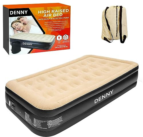 DENNY Single High Raised Airbed Inflatable Mattress, Waterproof Camping Mattress Air Bed, Quick Inflatable Air Mattress for Adults & Kids, Blow Up Mattress Air Bed with Built-In Electric Pump